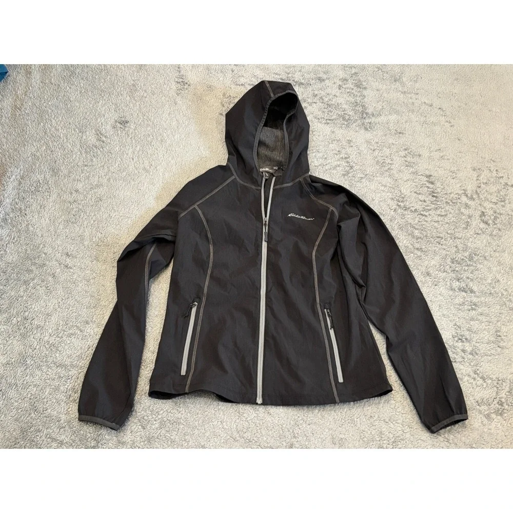 Eddie Bauer Jacket Womens Medium Black Full Zip Hooded Pockets Stretch Active
